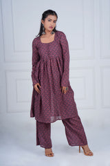 Wine Blossom Flared Kurta Set