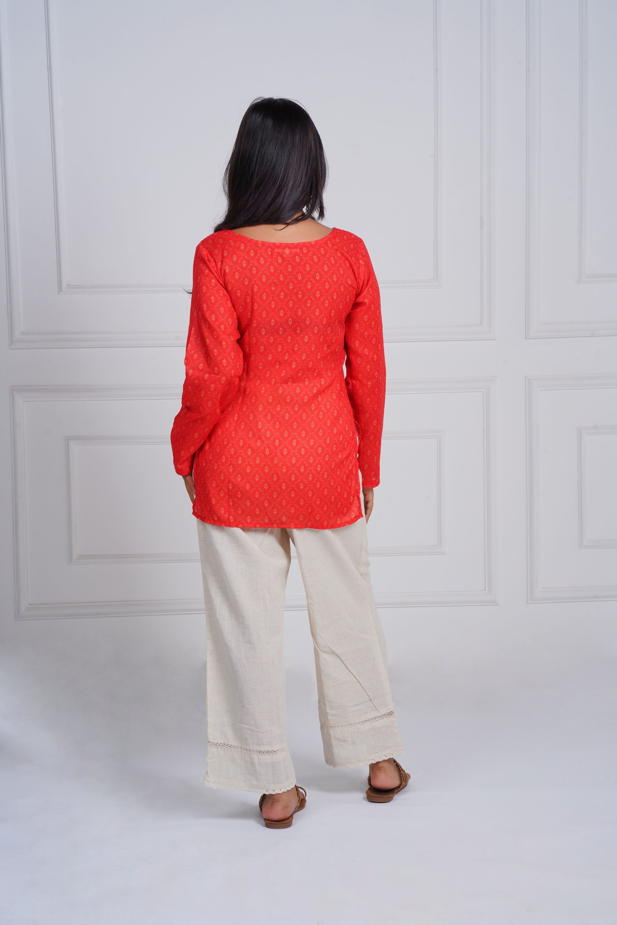Coral Red Printed Short Kurti