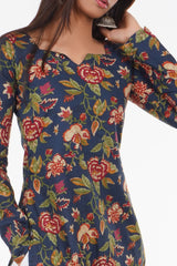 Navy Blue Floral Long Kurti