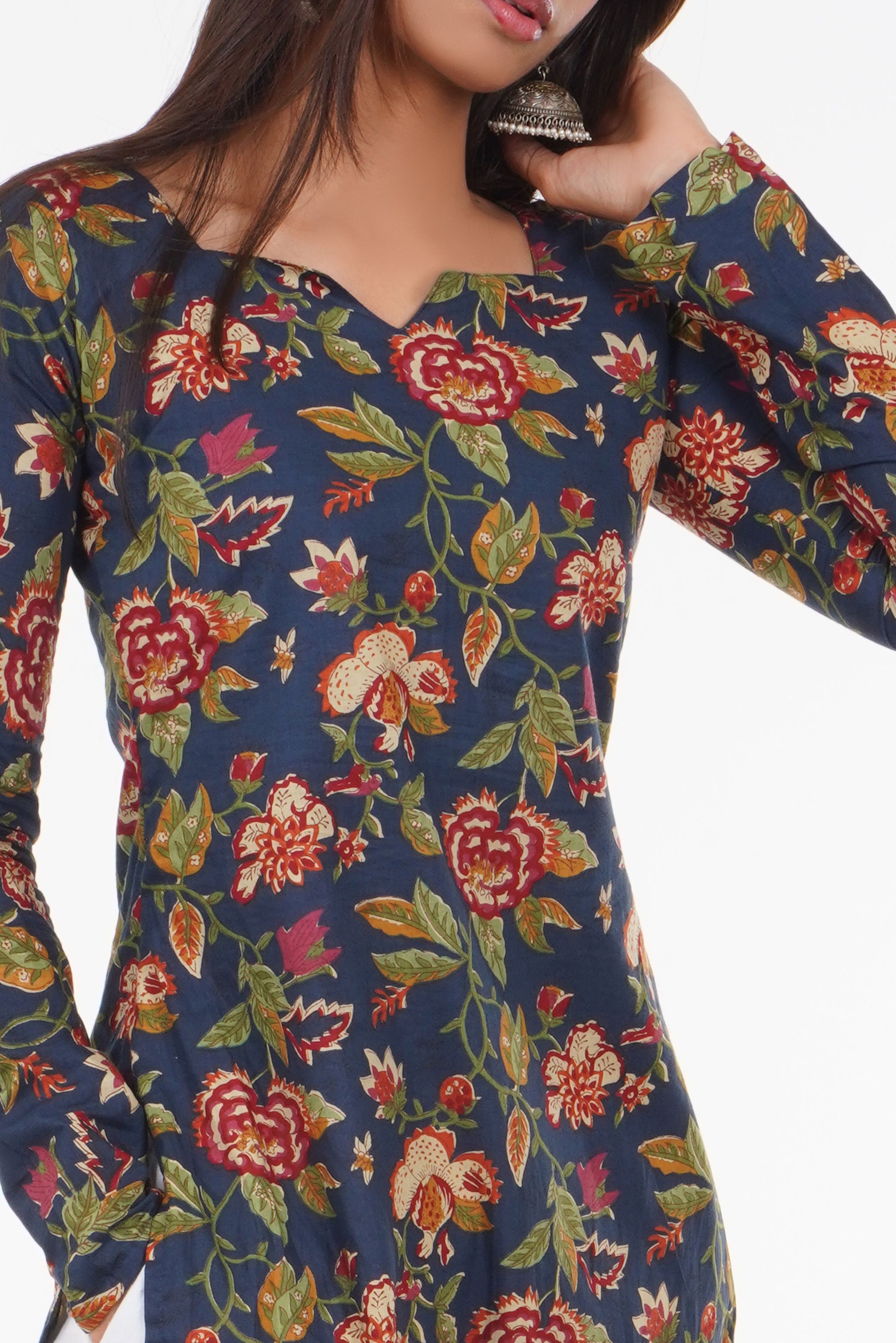 Navy Blue Floral Long Kurti