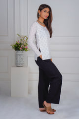 Pearl White Leaf Print Short Kurti