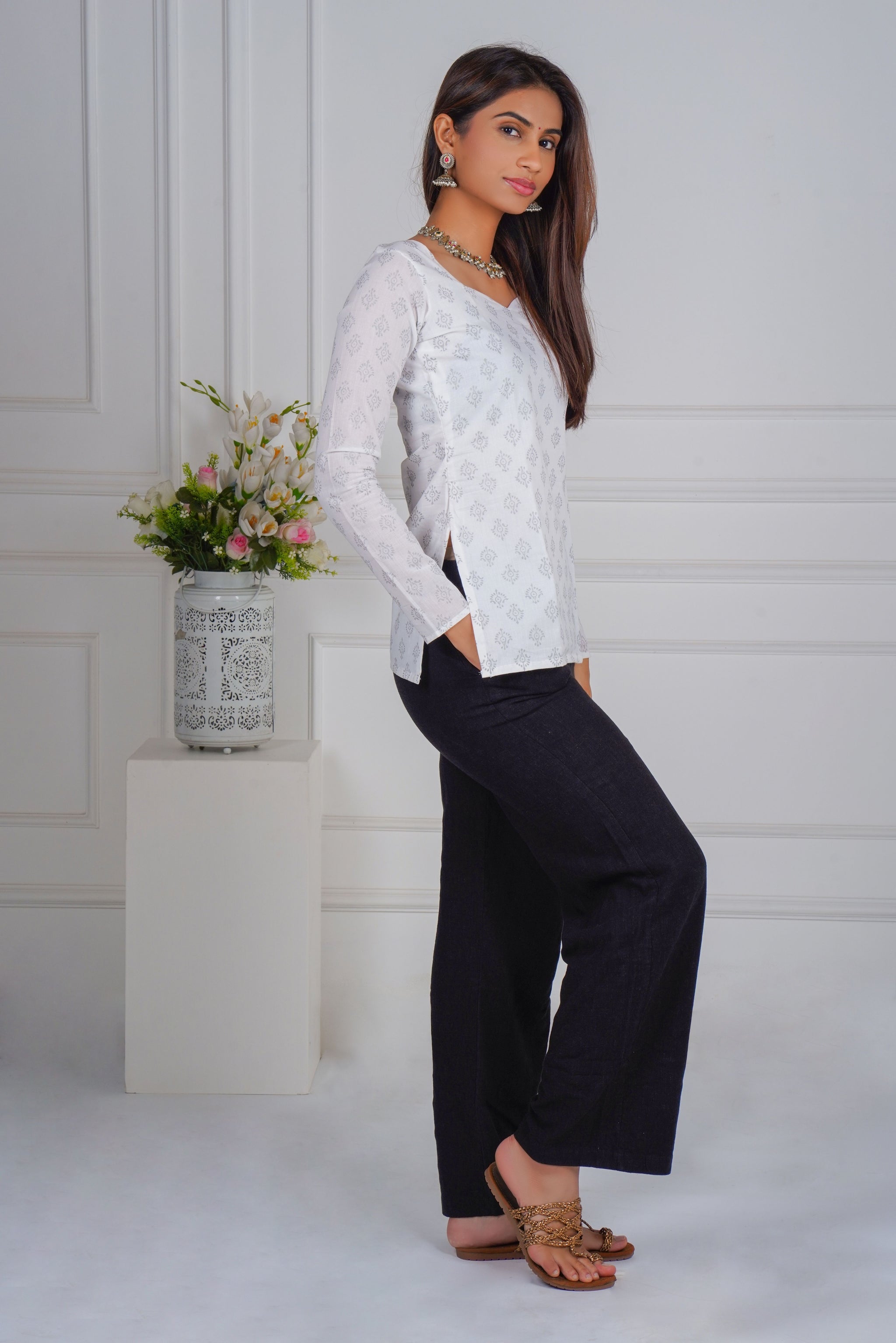 Pearl White Leaf Print Short Kurti