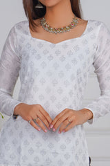 Pearl White Leaf Print Short Kurti