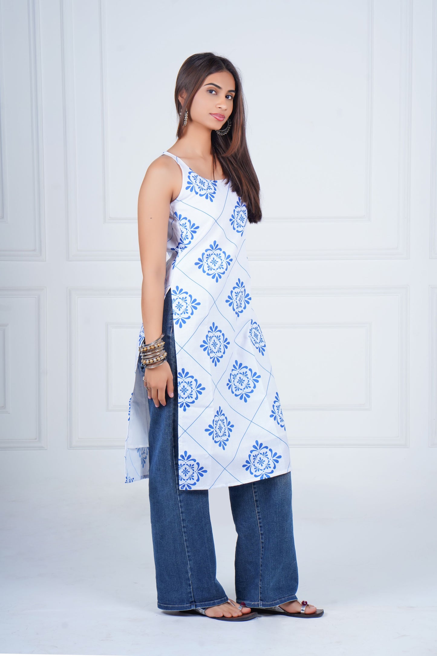 Azure Mosaic Sleeveless Long Kurti