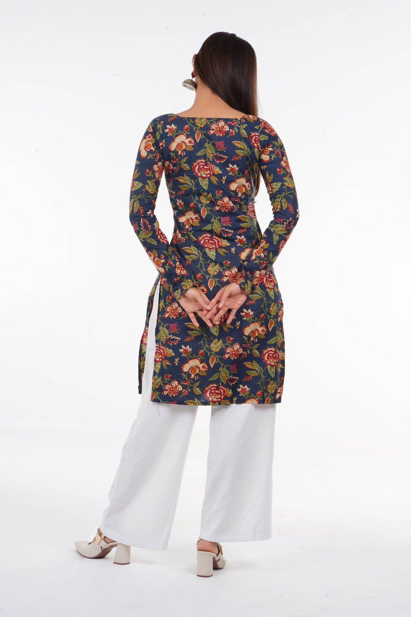 Navy Blue Floral Long Kurti