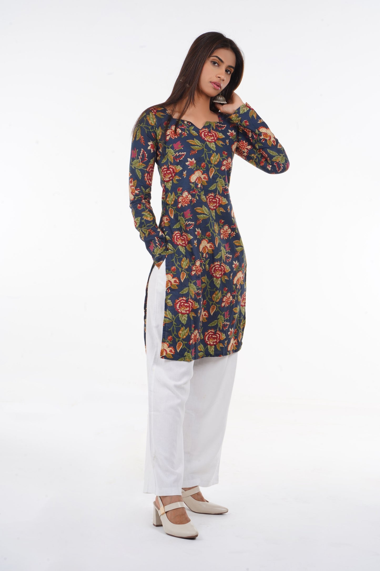 Navy Blue Floral Long Kurti