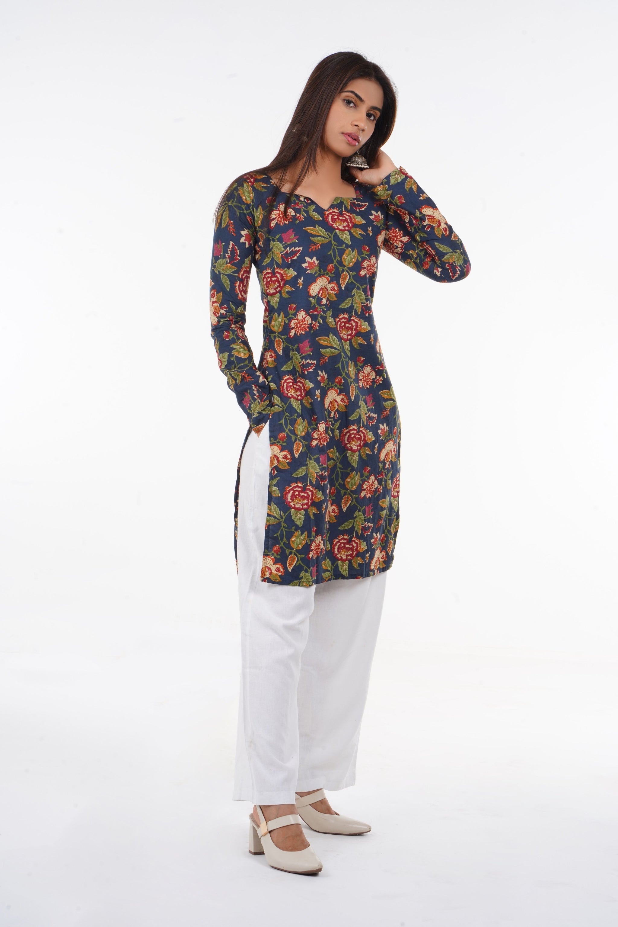 Navy Blue Floral Long Kurti