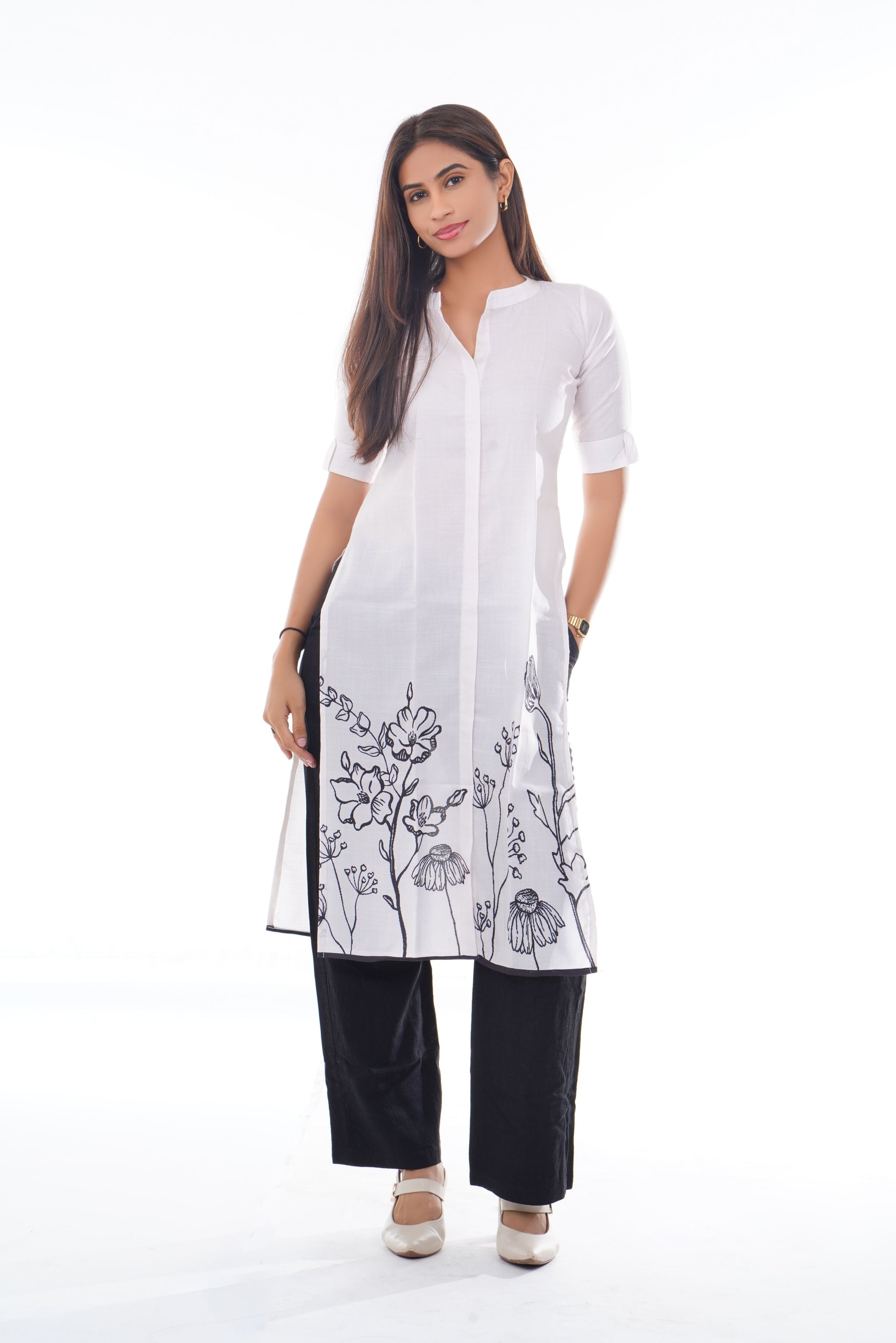Ivory Bloom Floral Black Long Kurti