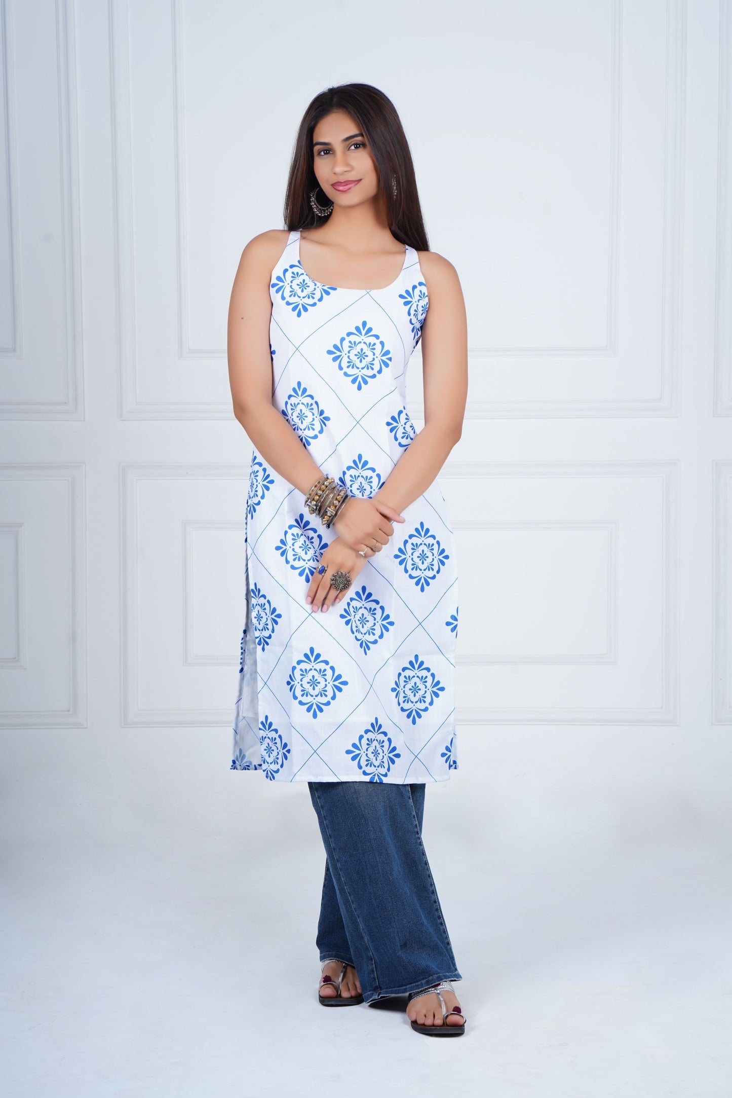 Azure Mosaic Sleeveless Long Kurti