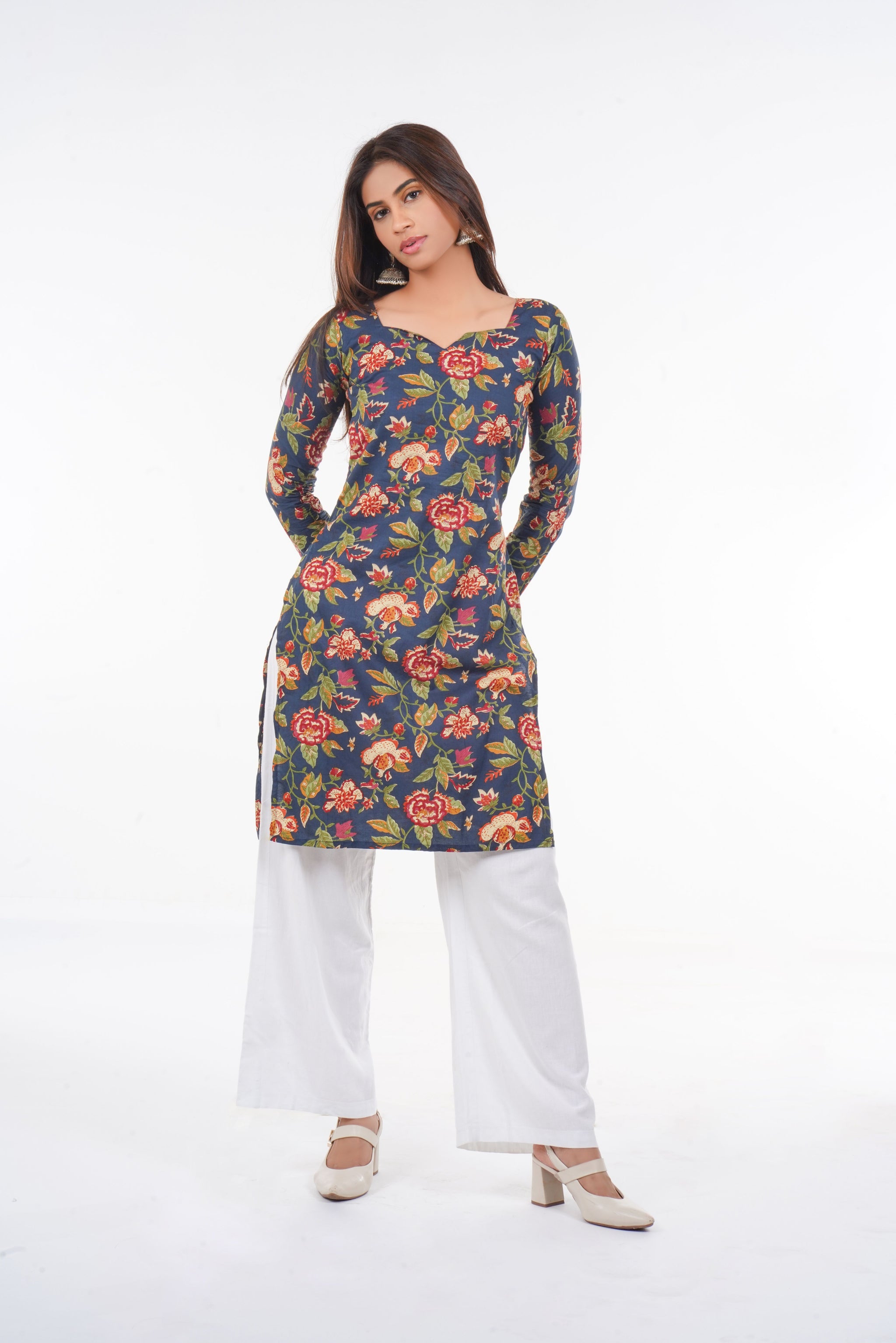 Navy Blue Floral Long Kurti