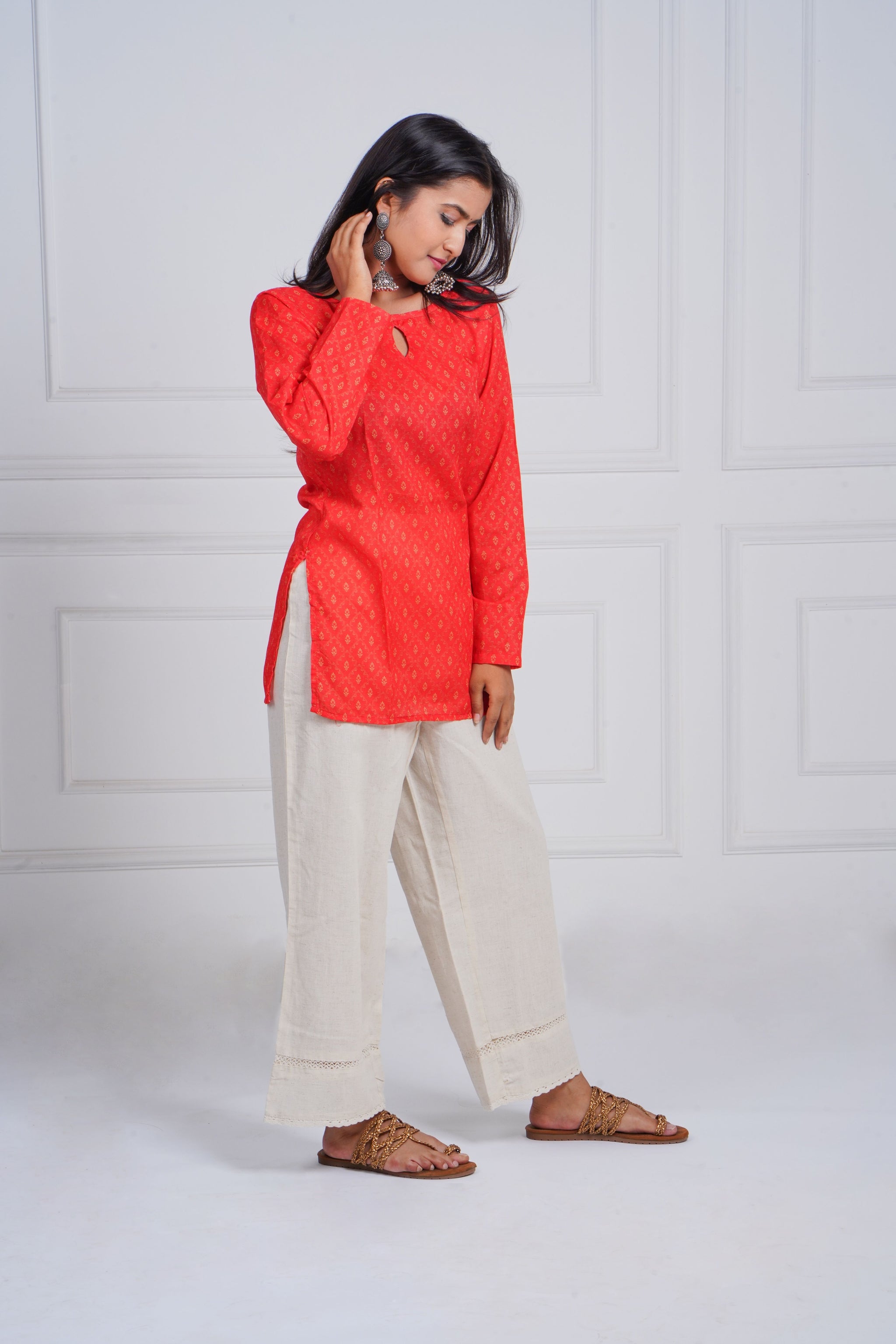 Coral Red Printed Short Kurti
