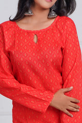 Coral Red Printed Short Kurti