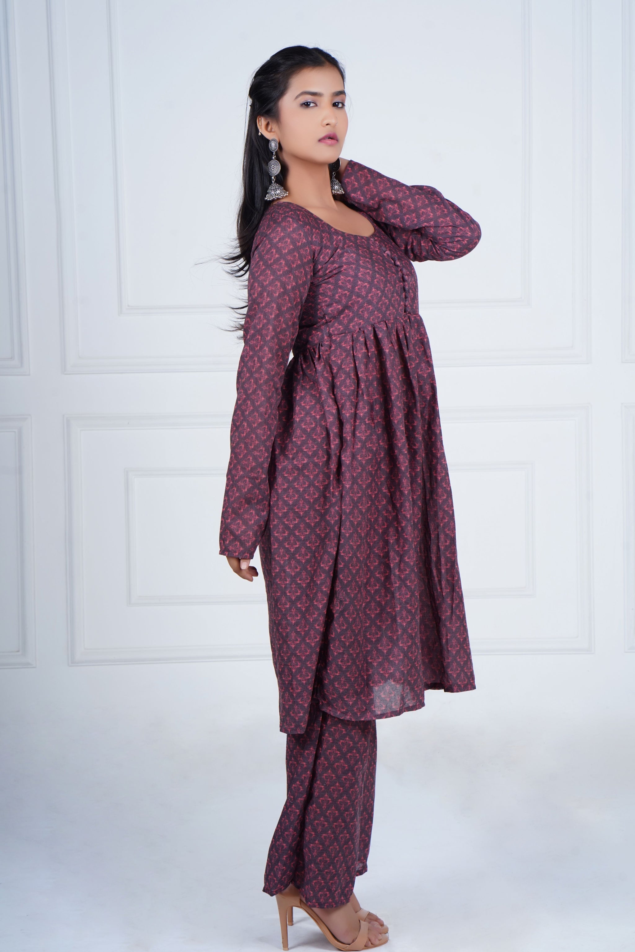 Wine Blossom Flared Kurta Set