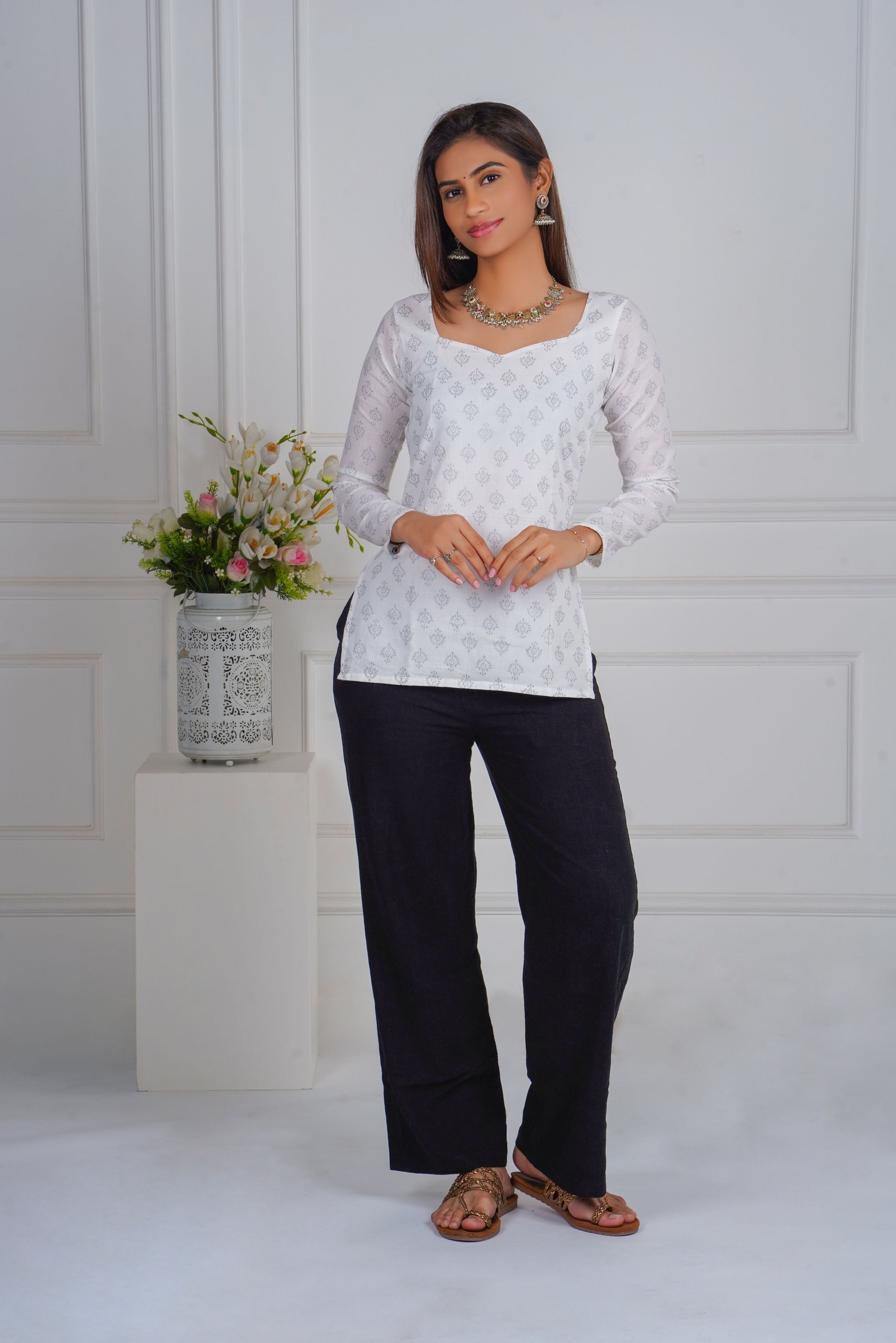 Pearl White Leaf Print Short Kurti