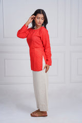 Coral Red Printed Short Kurti