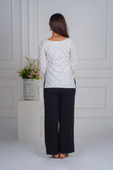 Pearl White Leaf Print Short Kurti