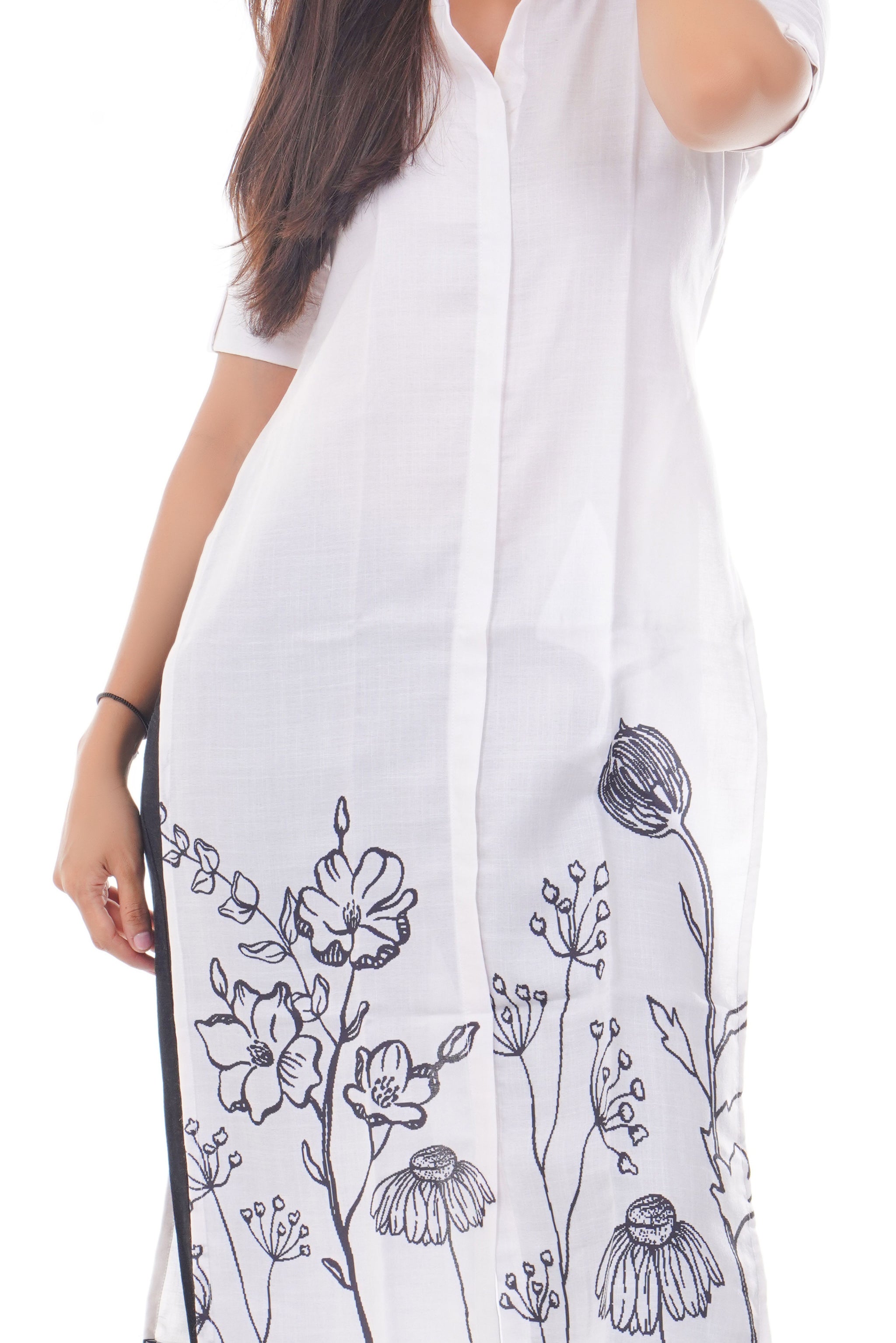 Ivory Bloom Floral Black Long Kurti