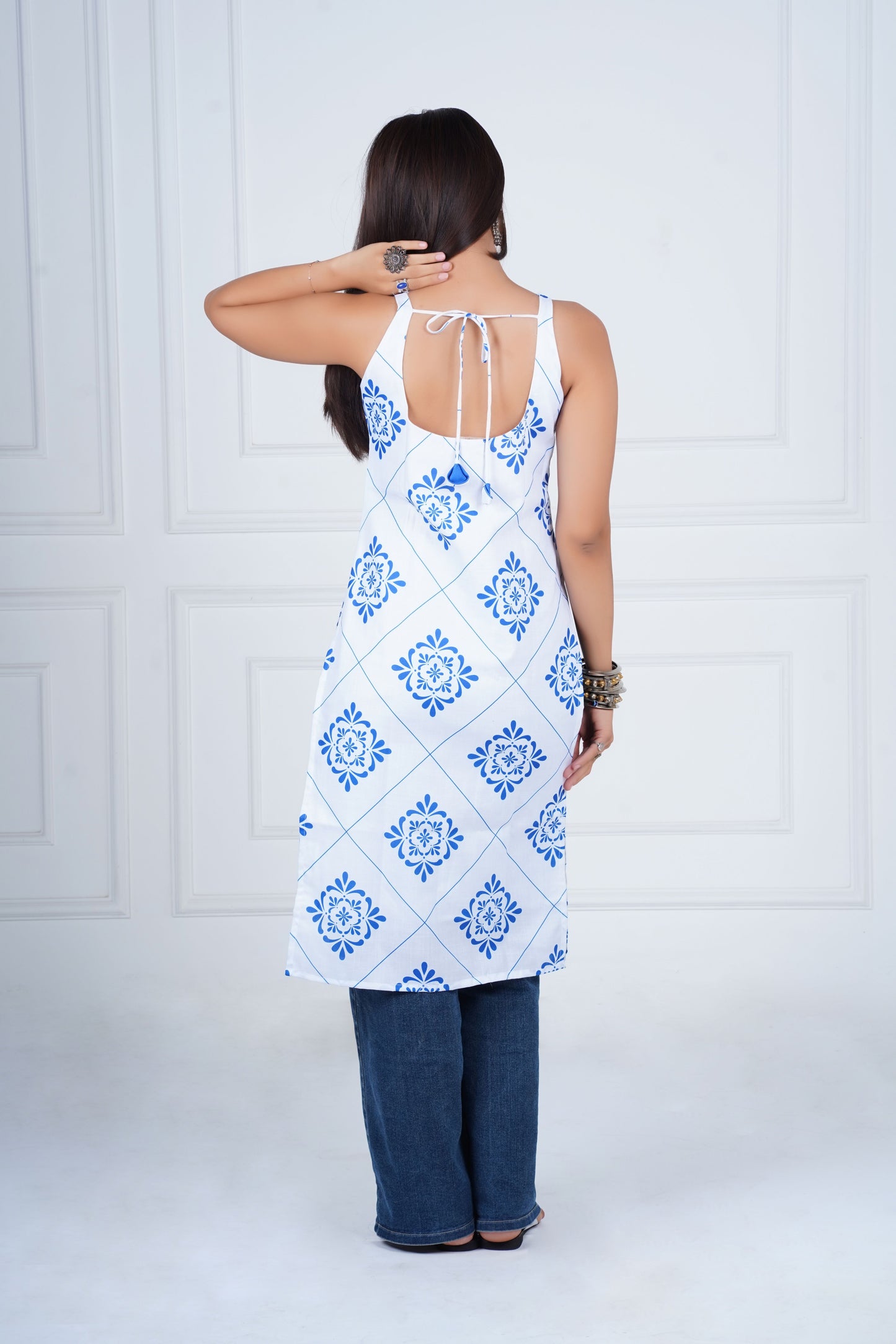 Azure Mosaic Sleeveless Long Kurti
